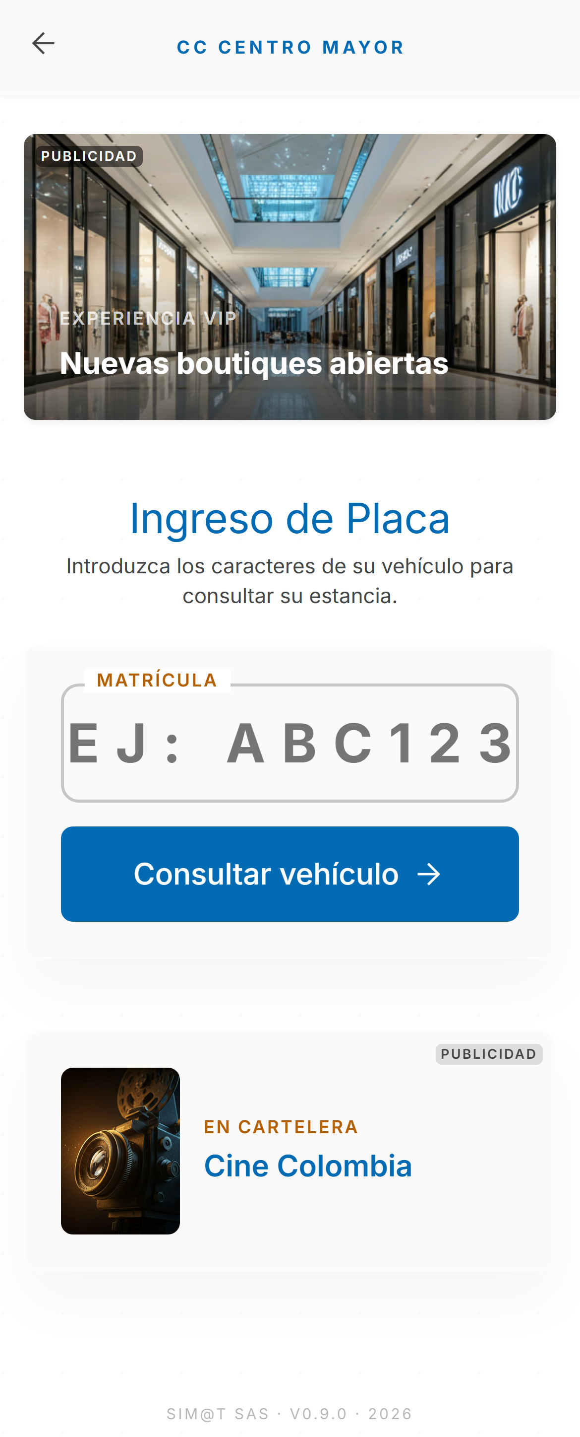 Pantalla de ingreso de placa
