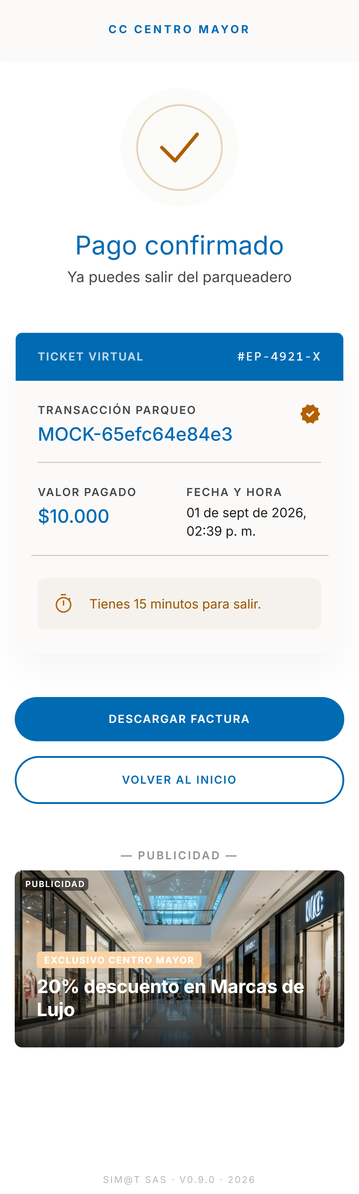 Pantalla de pago confirmado