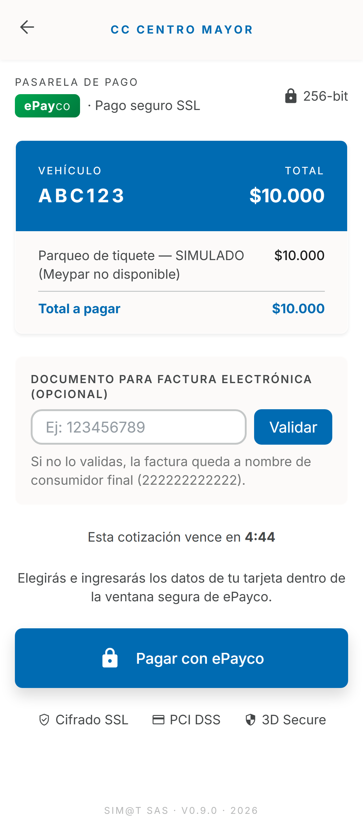 Pantalla de pago con ePayco